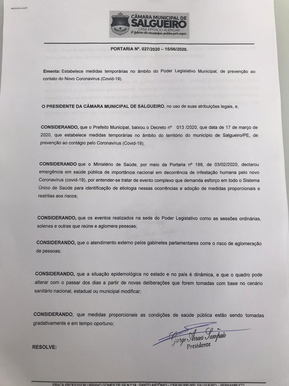 PREVENÇÃO AO CONTATO DO NOVO CORONAVÍRUS - Câmara de Vereadores prorroga decreto por mais 15 dias.